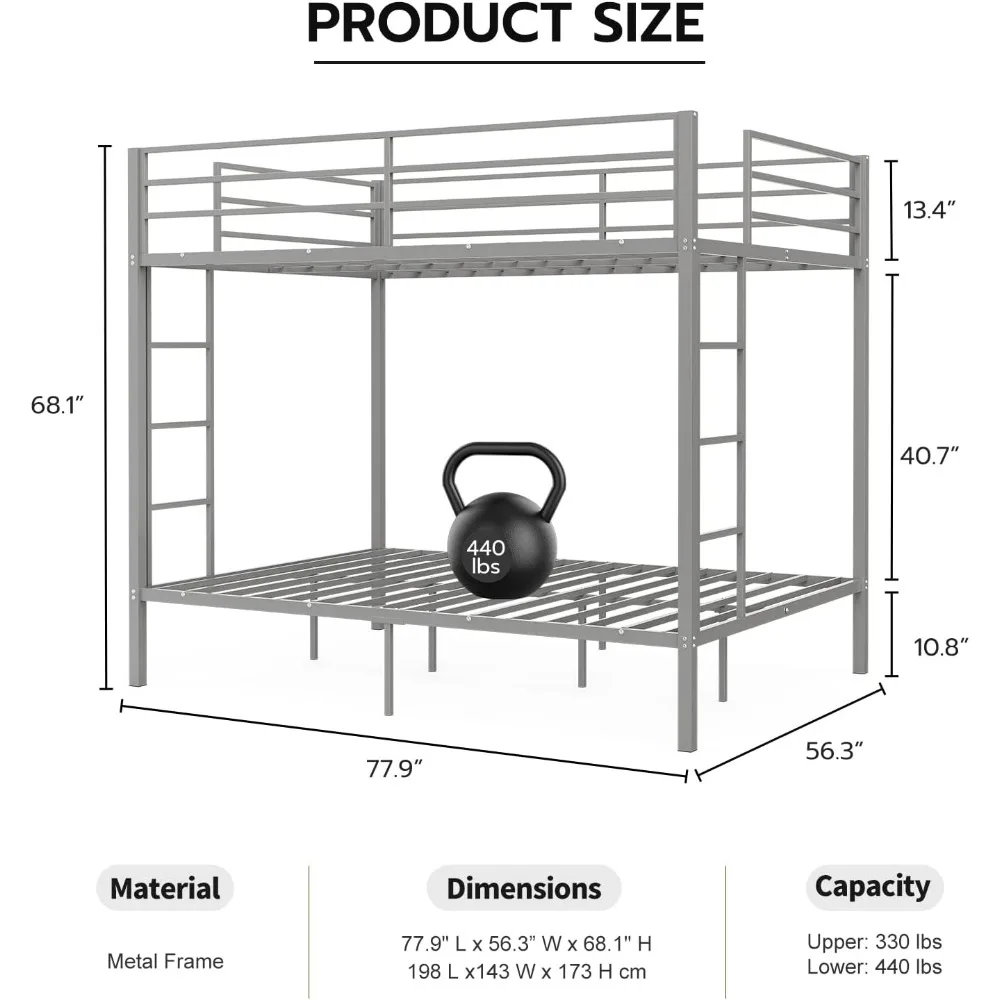 Metal Bunk Beds, Heavy Duty Full Size Bunk Bed Frame with 2 Built-in Ladders, Safety Guard Rail, Space-Saving Design, Loft Bed