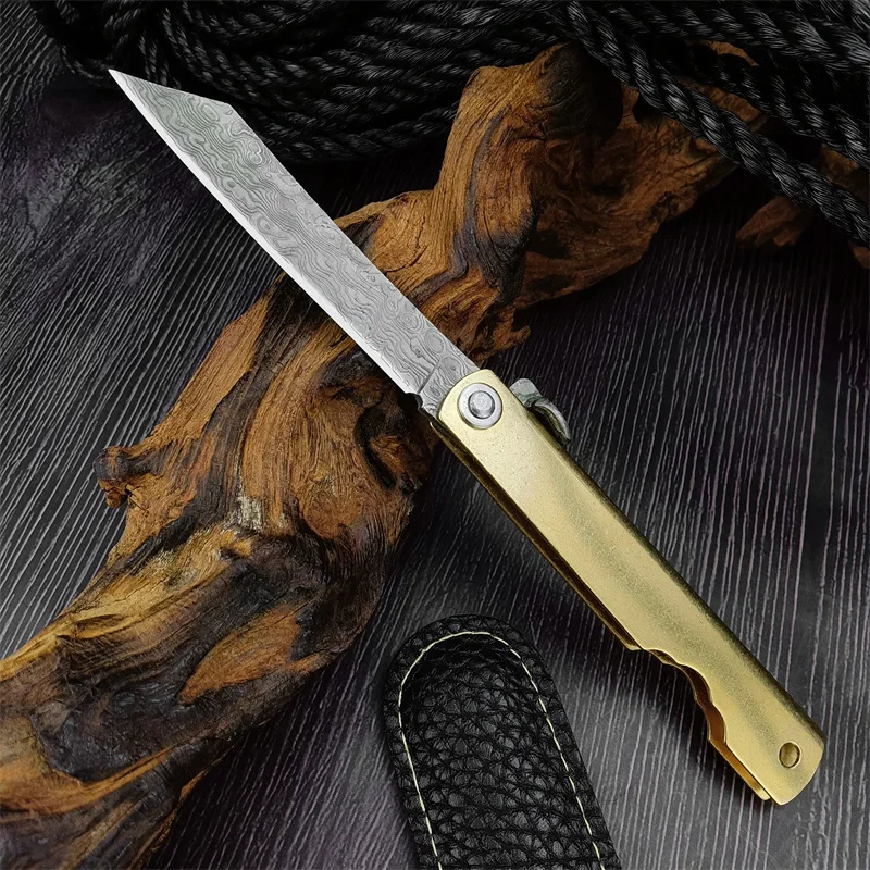 

Damascus Steel copper alloy handle Outdoor Camping Survival Rescue Tactical Hunting multi-purpose EDC pocket folding knife