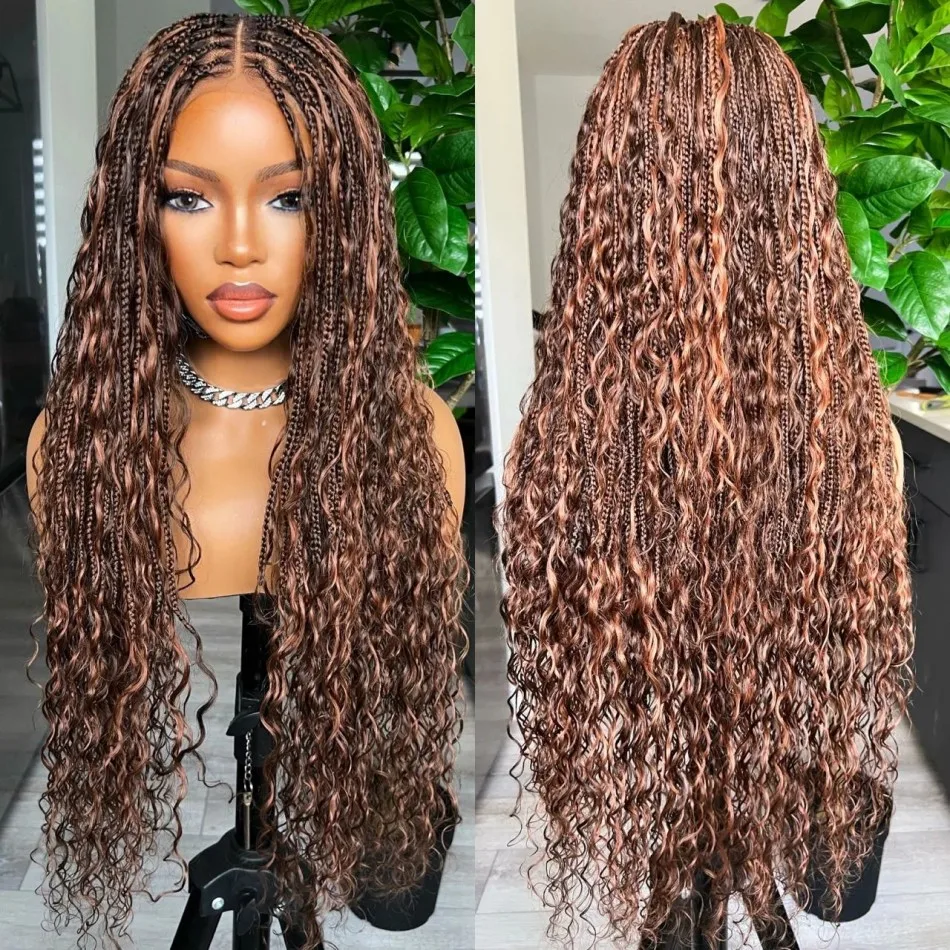 Bohemian 360 Lace Wig Invisible Drawstring Flexi-Fit Full Lace Knotless Bohemian Braided Curls Ombre Brown PrePlucked 36 40 Inch