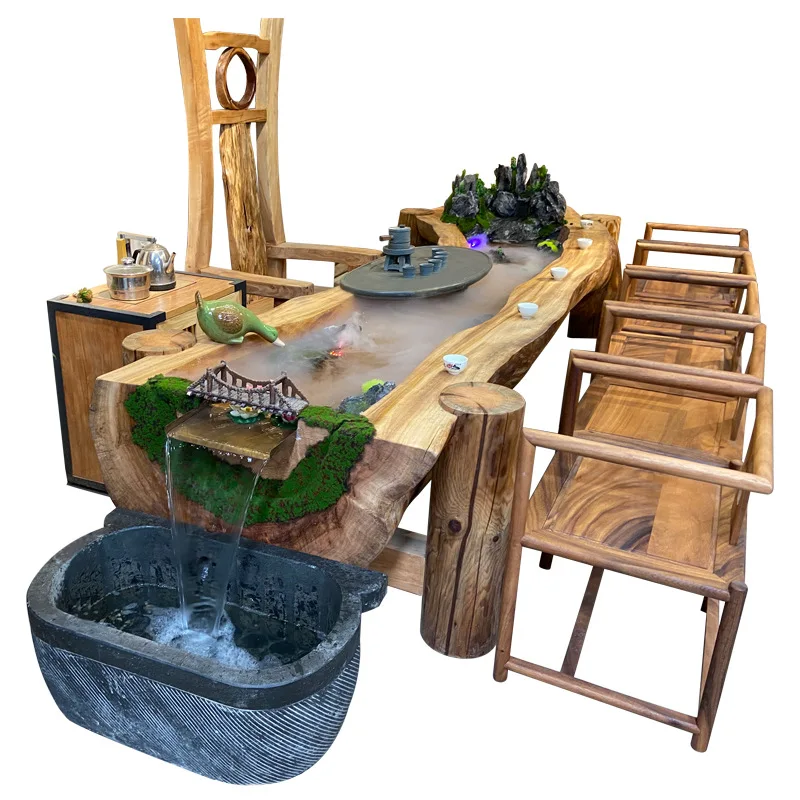 

New Chinese-style solid wood tea table villa meeting guests Kung Fu tea table fragrant camphor wood Zen furniture landscape