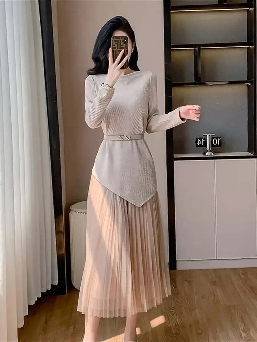 New High Quality Women\'s Two Pieces Set Elegant Knitted Long Sleeve Sweater Tops with Belt + Mesh Long Skirt Sets Sweet Suits