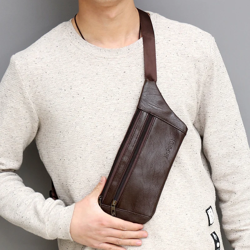 Chest New Men Bag Solid Color Simple All-Matched Male Pu Leather Waist Korean Casual Vintage High Quality Crossbody