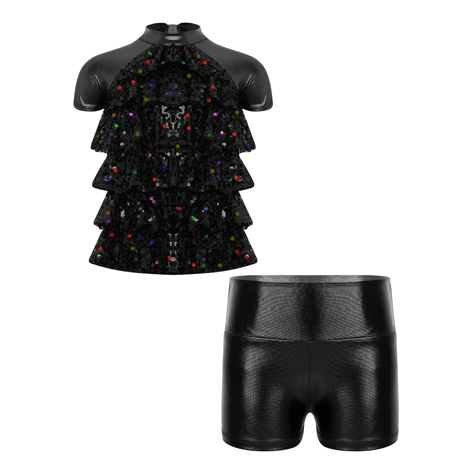 Kids Girls Metallic Shorts Suits Disco Jazz Dance Costume Hip Hop Stage Performance Dancewear Shiny Sequins Tiered Ruffle Top