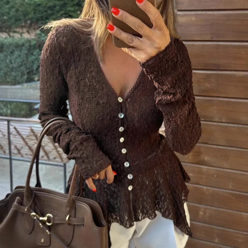 

Женский однотонный асимметричный кружевной кардиган, топы, женские сексуальные однобортные тонкие футболки с v-образным вырезом и длинными рукавами, повседневные уличные футболки