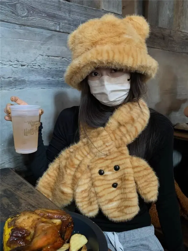 Winter Hat Scarf Sets for Women Thickened Warm Plush Scarf All-in-one Hooded Scarf Three-in-one Cute Bear Ear Hat Female