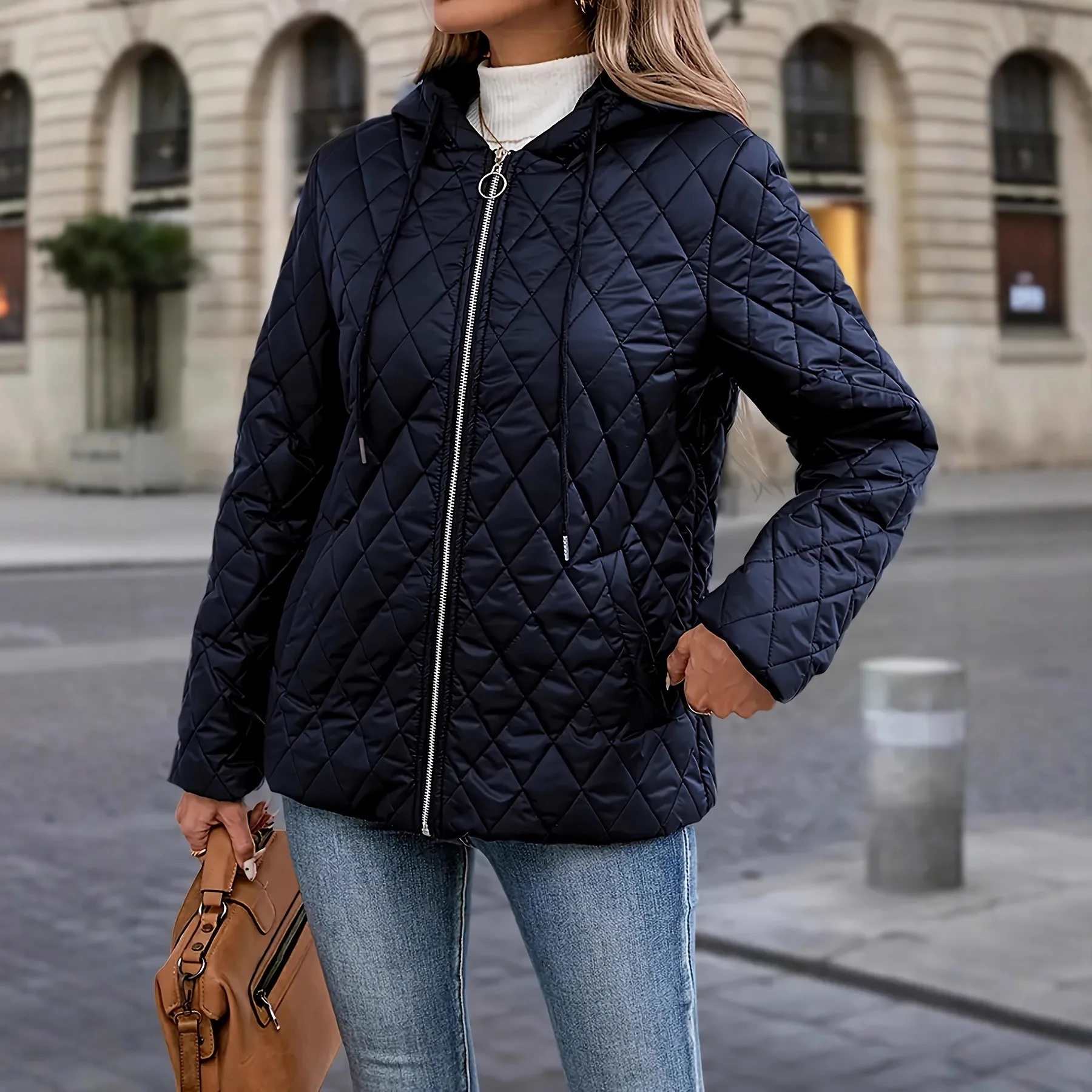 

100% Women's Autumn Winter Solid Color Long Sleeve Hooded Quilted Elegant Loose Cotton Jacket Fashion Coat