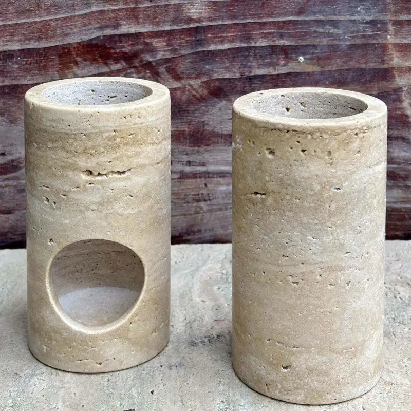 

Travertine Candle Holder, Cream-Style Lamp Base,100% Natural Marble Outdoor Wind Lamp Decor