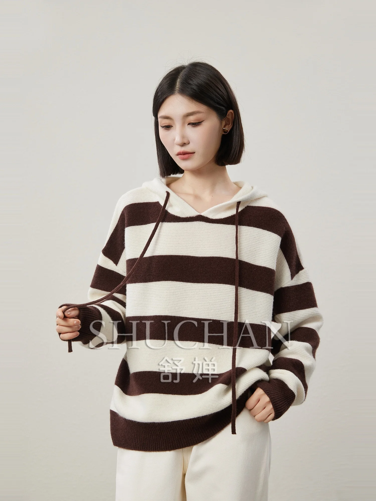 

Good Quality, Relaxed and Casual, Stripes, All-wool Dropped-shoulder Loose Hooded Knitwear Winter Clothes Women