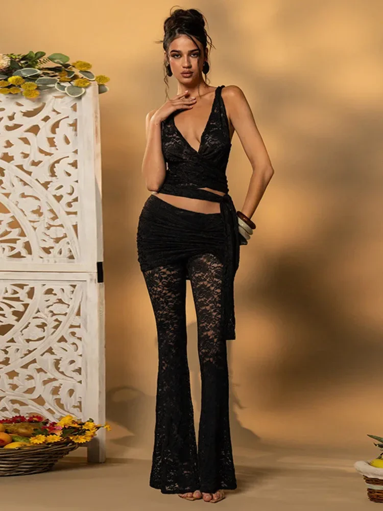 XIAOTANG-Conjunto de pantalones sexis calados de encaje para mujer, camisetas sin mangas y pantalones con cuello de pico profundo, pantalones acampanados elegantes para mujer, conjunto de dos piezas
