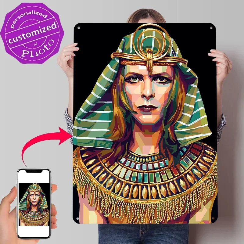 David Bowie as Egyptian Pharaoh Personalized 3D Textured Metal Poster Wall Art Tinplate Sign for Desk Decor Room Wand Deko House