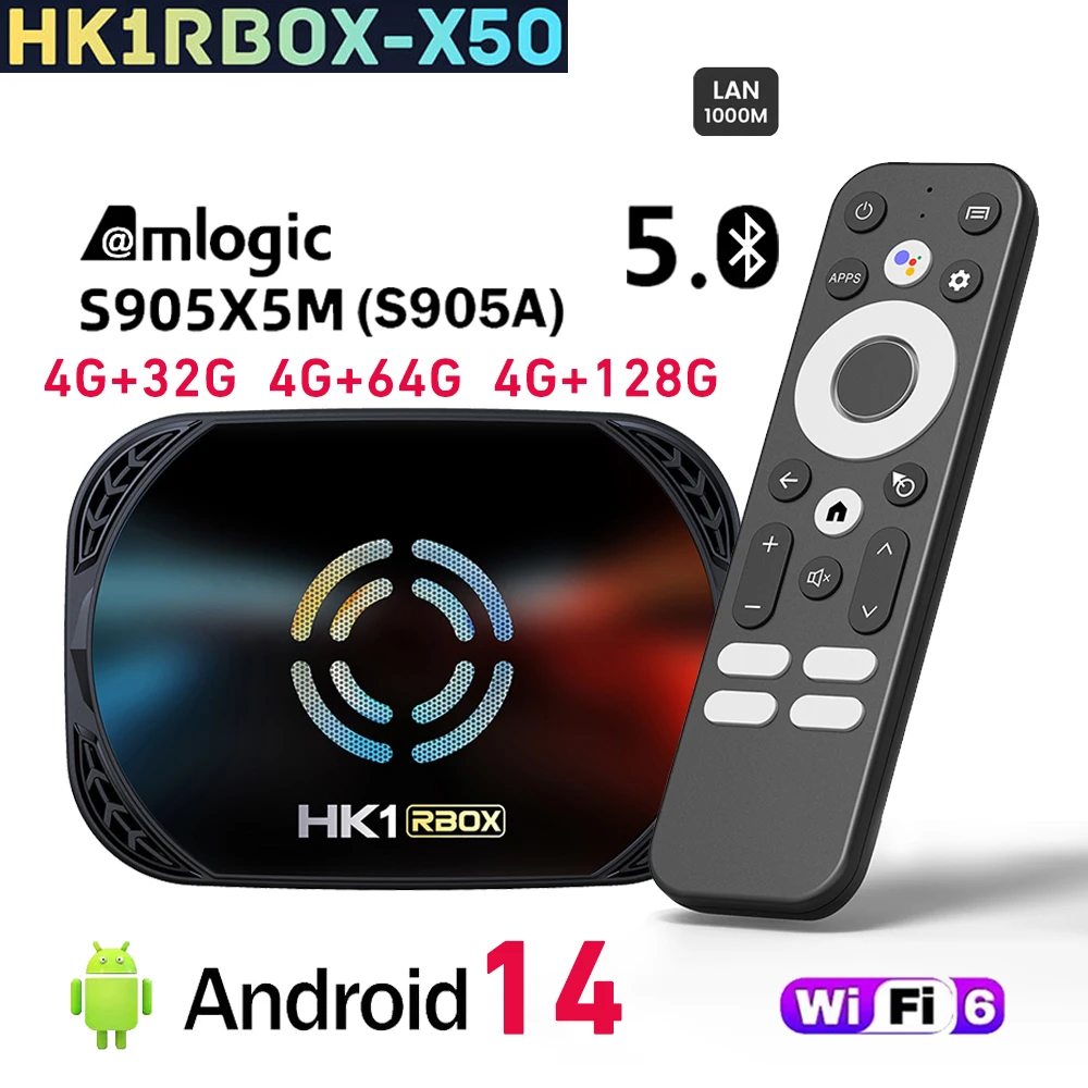 HK1 RBOX X50 Android 14 Amlogic S905A Smart TV BOX 4GB DDR4 32GB 128GB AV1 1000M BT Wifi6 مشغل الوسائط مع مروحة التبريد