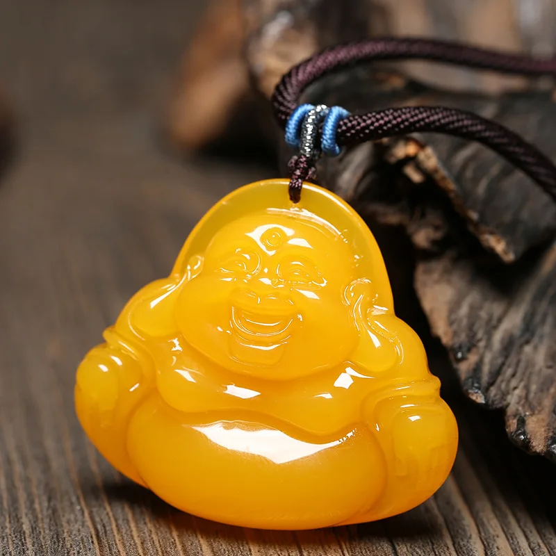 Honey-colored Maitreya Buddha , chicken oil yellow old amber sweater chain necklace, raw stone unisex water drop pendant