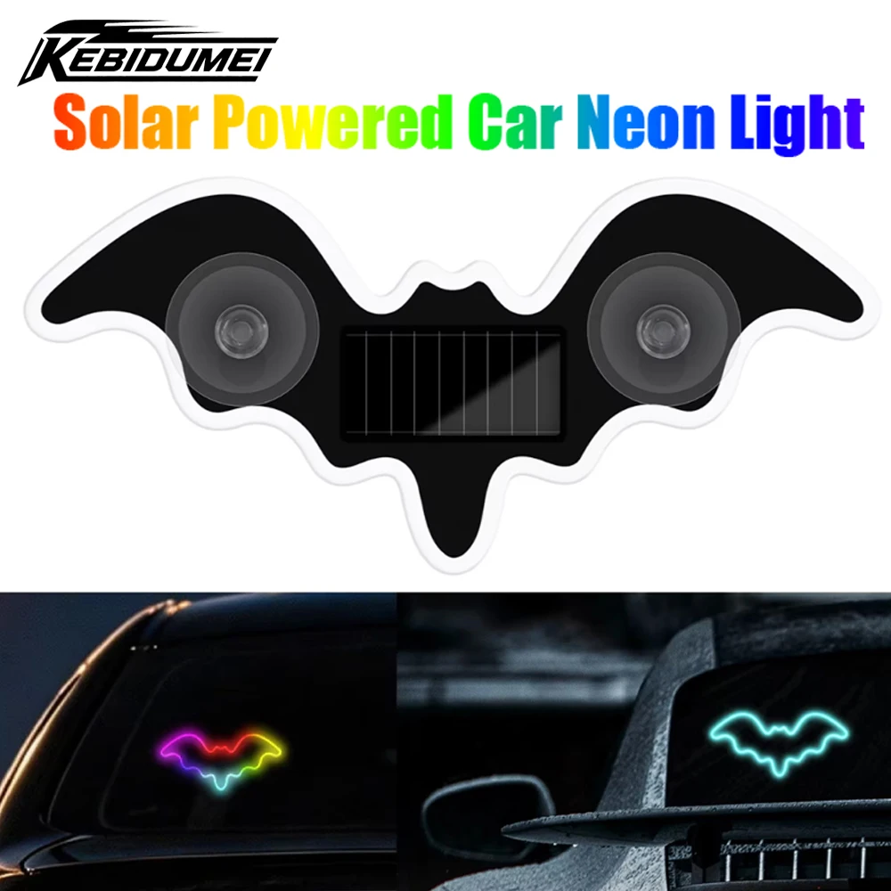 KEBIDUMEI Solar Powered Bat Shaped Car Neon Light RGB LED Window Lamp Suction Cup Rechargeable Breathing Lights Car Accessories
