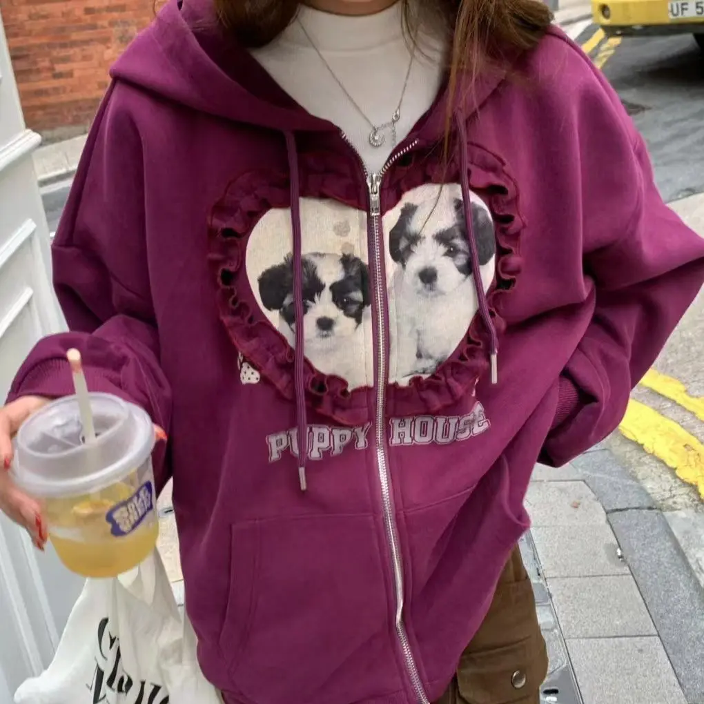 Dog Purfle Design Zipper Hooded Pocket Hoodies Women Sweatshirt Fall Loose Outfit Korean Y2k Fairycore Aesthetic Harajuku Coat