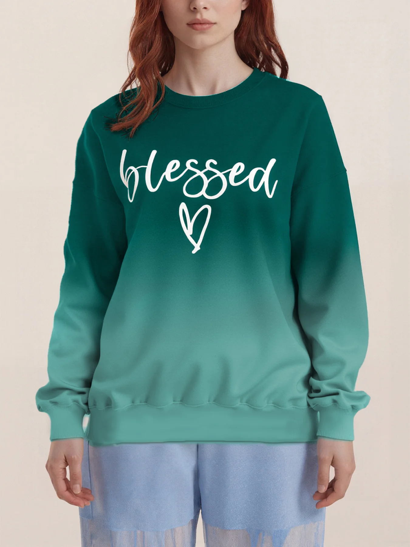 Ombre Gradient Dye Blessed Cursive Letter Heart Print Curvy Ladies Crew Neck Sweatshirt, Raglan Long Sleeve Slight Stretch Pullover, Stylish Casual Spring Daily Streetwear Top