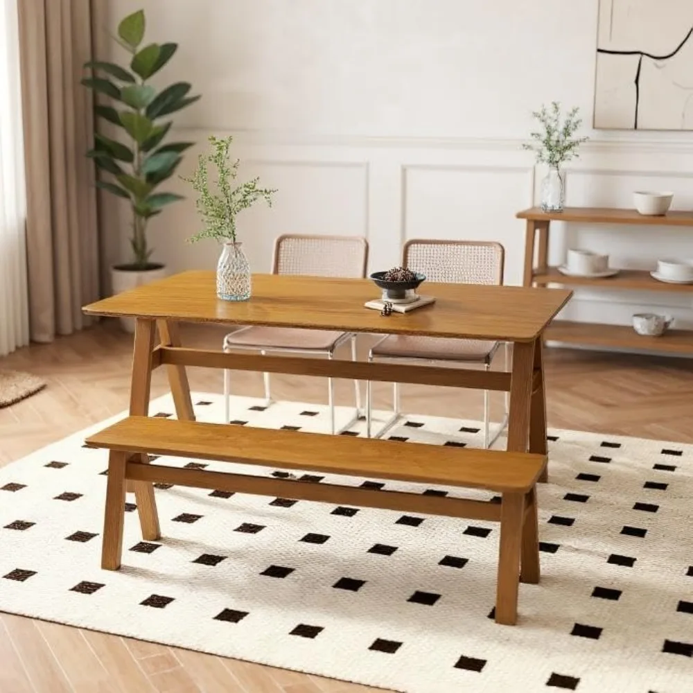 

Solid Wood Dining Table 4-6-Seater 59" Large Farmhouse Kitchen Table, Heavy Duty Rustic Style, Natural Wood Dining Room