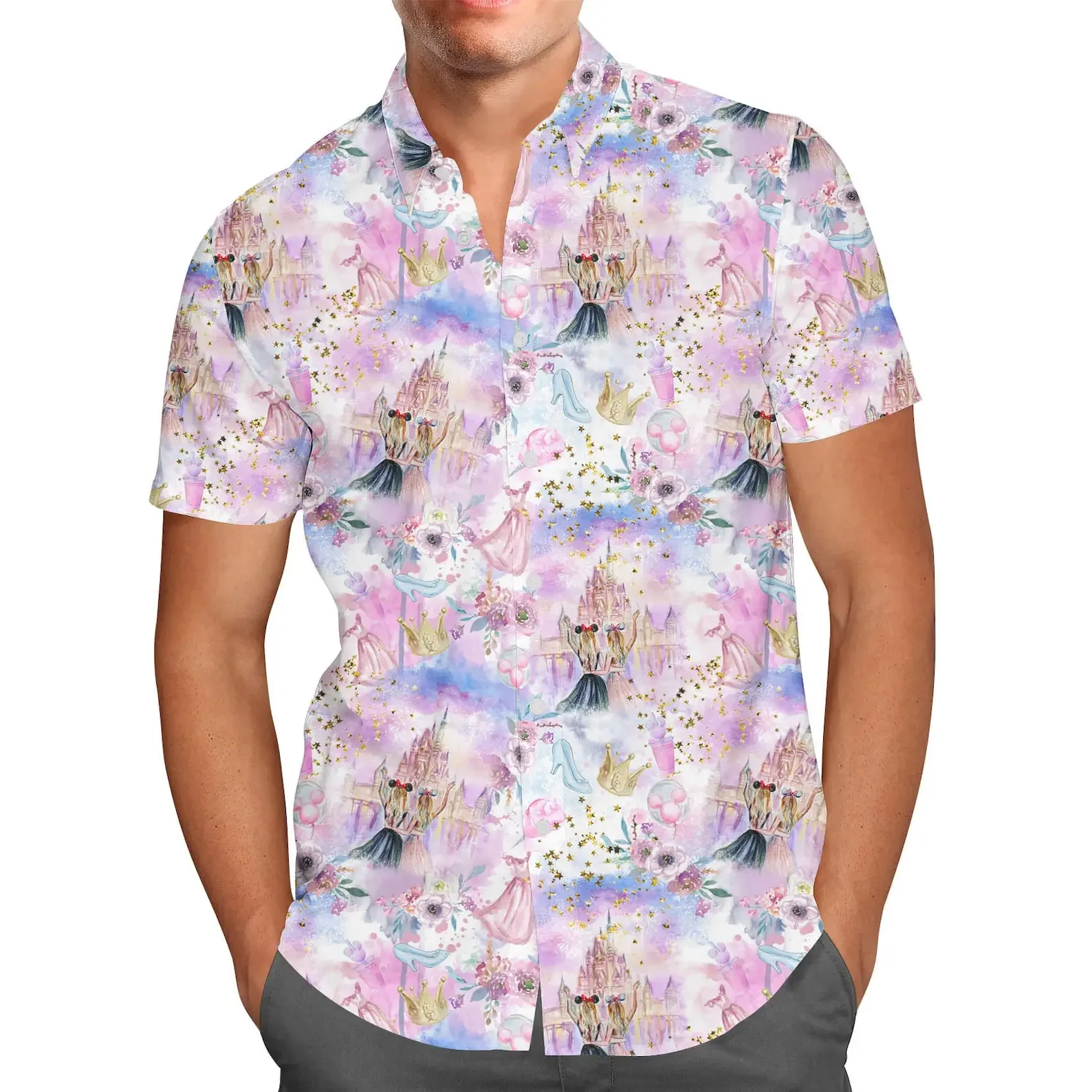 Castelo da Disney masculina camisa havaiana, camisa de manga curta de botão, moda praia