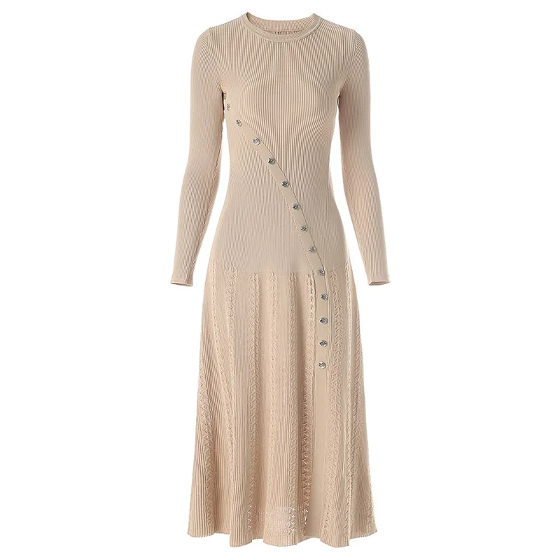 

New Women Button Design Knitted Cotton Dress Elegant O-Neck Long Sleeve A-Line Dresses