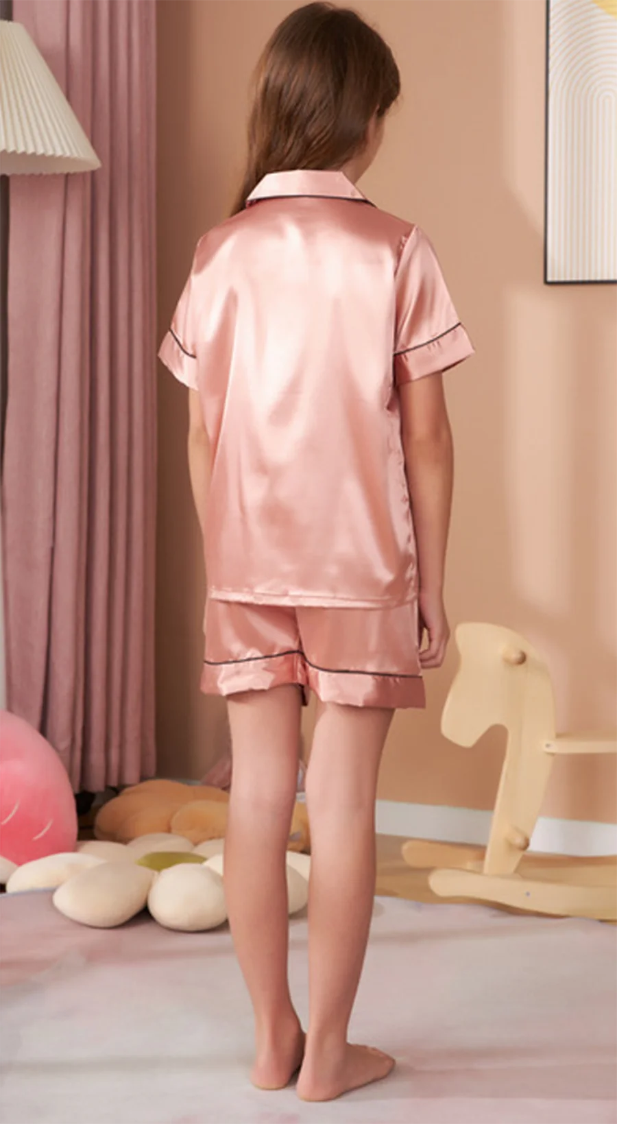 Роскошные атласные пижамы для девочек, модные комплекты с воротником с лацканами и шортами на пуговицах, однотонная одежда для сна, летние топы с короткими рукавами