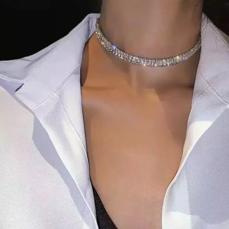 Stainless Steel Shiny Zircon Necklace for Women Simple Adjustable Rhinestones Collar Choker Necklace Fine Jewelry Gifts view 4