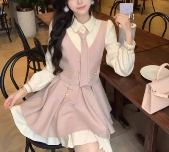 الخريف الشتاء حجم كبير الحلو وهمية قطعتين سميكة الربط فستان لطيف فتاة تنوعا الحد من العمر كلية لوليتا فساتين