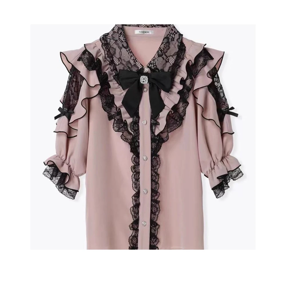 

Original order New product, ground bud noemi * ruffle edge bow off-the-shoulder lace medium-sleeved sweet shirt