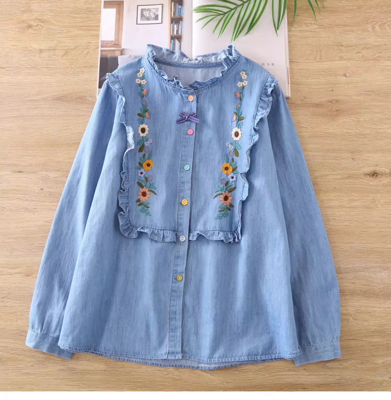 Mori Kei Clothing Japan Style Sweet Chic Flowers Embroider Denim Shirts and Blouses Women Autumn Long Sleeve Jean Shirt