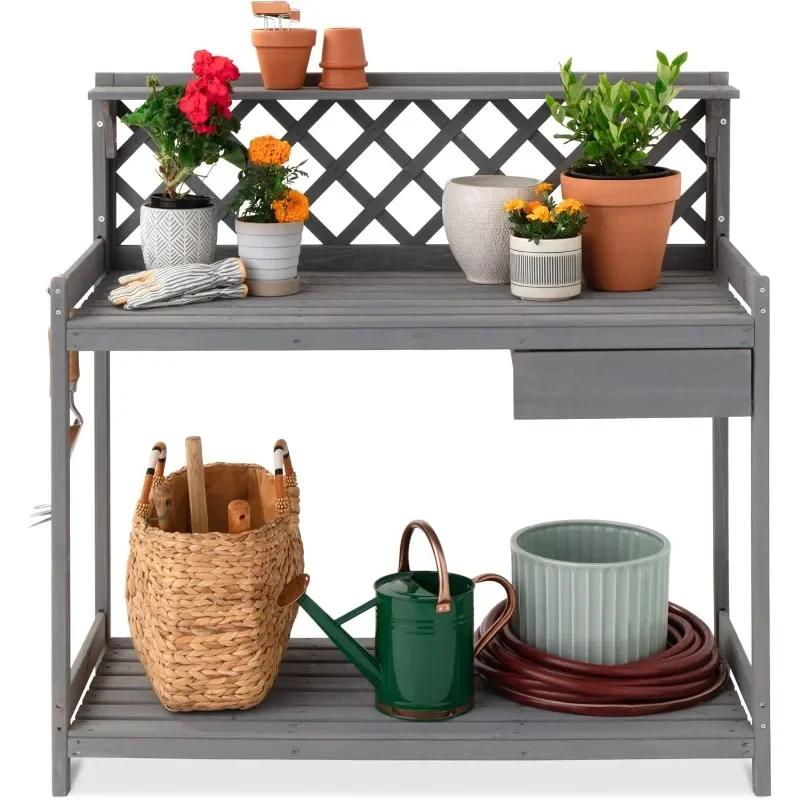 

Outdoor Garden Potting Bench, Wooden Workstation Table w/Cabinet Drawer, Open Shelf, Lower Storage, Lattice Back - Gray