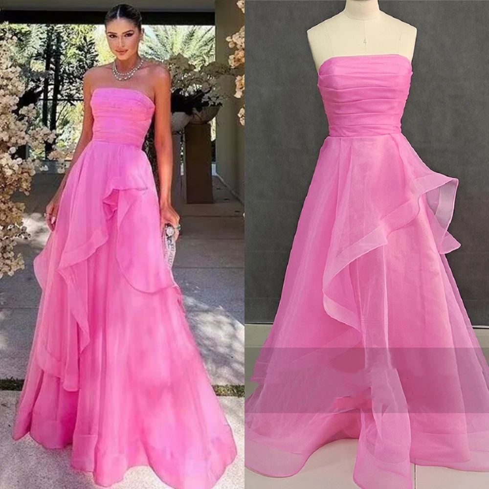 Elegant Pink Prom Dress Saudi Arabia Evening Chiffon Ruched Graduation A-line Strapless Bespoke Occasion Gown Long Dresses