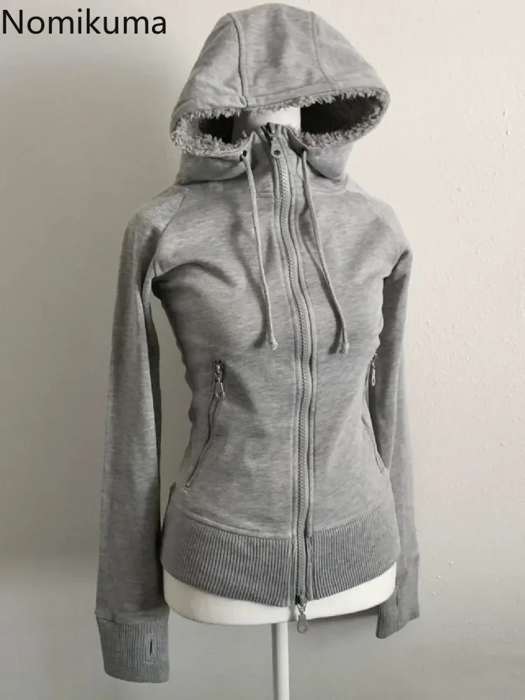 Grey Lamb Wool Double Zipper Hoodies Women\'s Clothes Slim Waist Hooded Vintage Y2k Coats Ropa Mujer Casual Fashion Sweatshirts