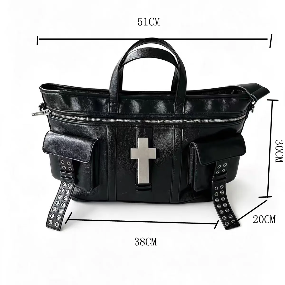 Vintage Distressed Tote Bag mit Kreuznieten, Große Unisex Umhängetasche, Reißverschluss-Handtasche aus Cracked PU für Damen – Detail 1