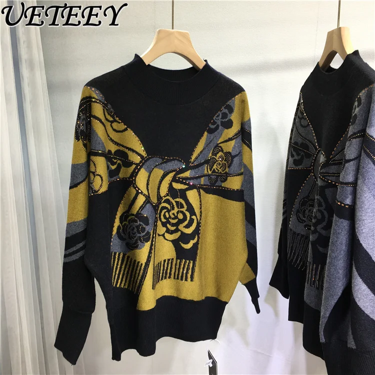 

Rhinestone Sparkling Sweaters Women Floral Long Sleeve Versatile Black Sweater Top Autumn Winter New Loose Casual Knitted Jumper