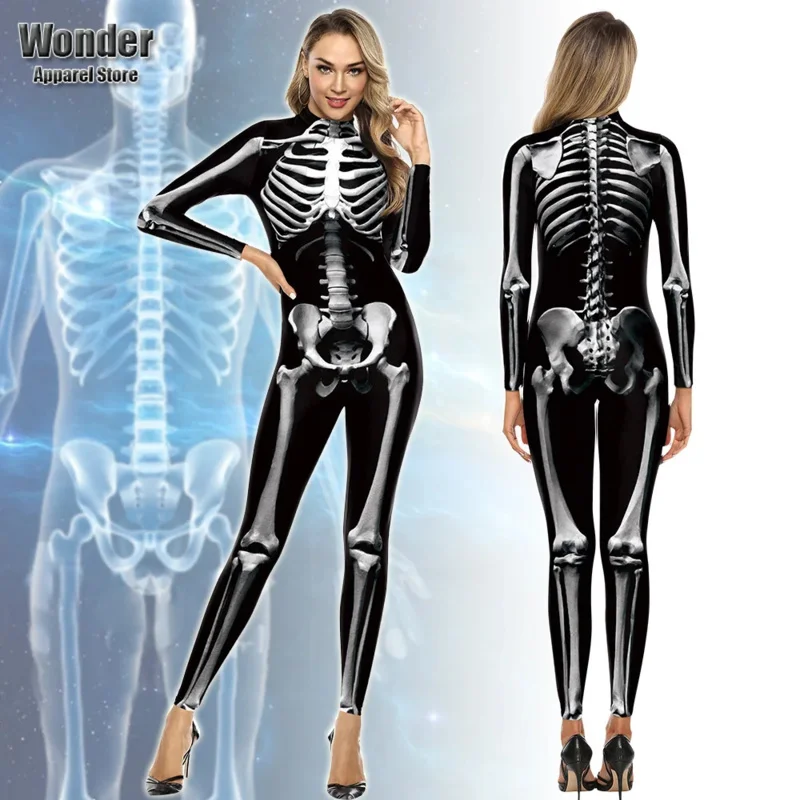 

Women Men Human Body Skull Skeleton 3D Printing Jumpsuit Adult Halloween Cosplay Costumes Party Role Playing Dress Up Outfit