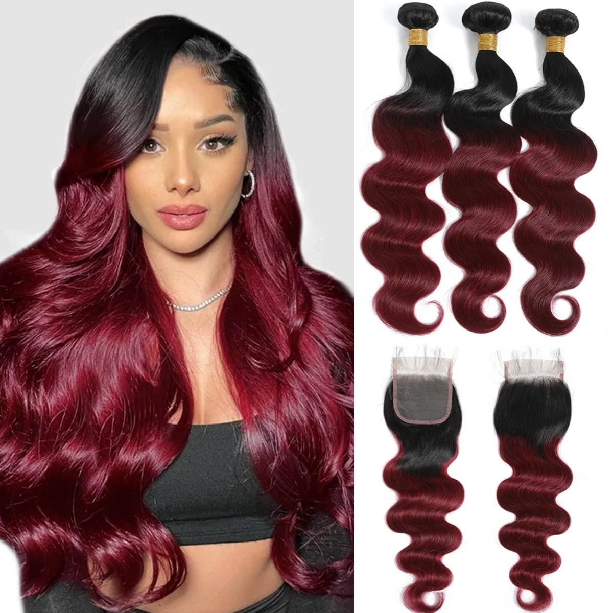 Body Wave 99J Burgundy Human Hair Bundles ปิด 4x4 โปร่งใสลูกไม้ปิดด้านหน้าบราซิลสีแดงไวน์ Hair Extensions