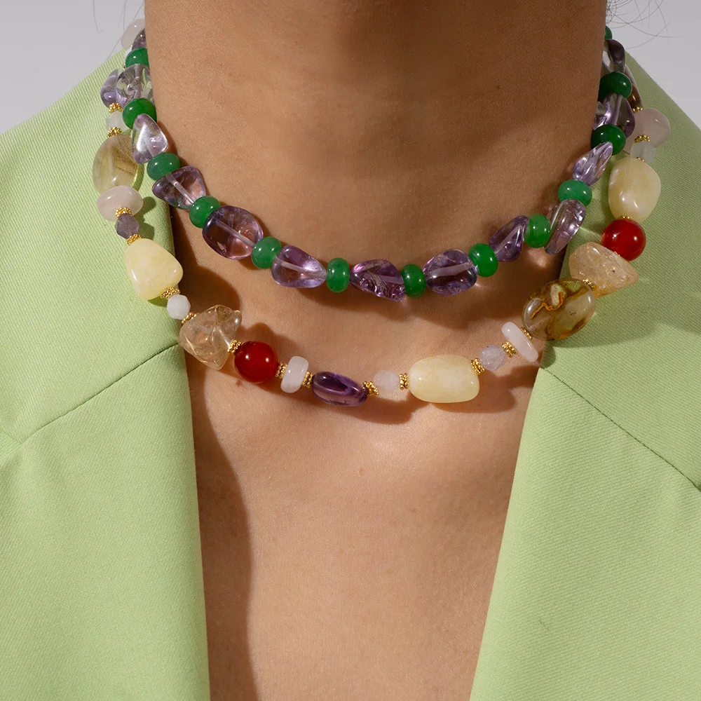 

Purple Gold Stone Red Agate Natural Stone Beaded Necklace Temperament Advanced Sense Hundred Pagoda Handmade Necklace