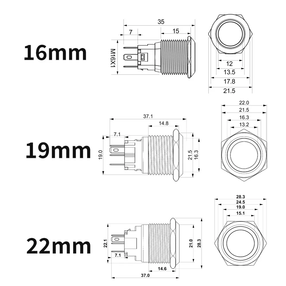 Metal Push Button Switch 12/16/19/22mm No LED Start Stop On/Off Waterproof Momentary Latching Power SwitchHigh Head Flat Head