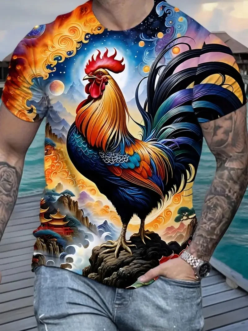 Camiseta masculina casual com gola redonda, estampa completa, manga curta, galo colorido, camisetas gráficas para homens
