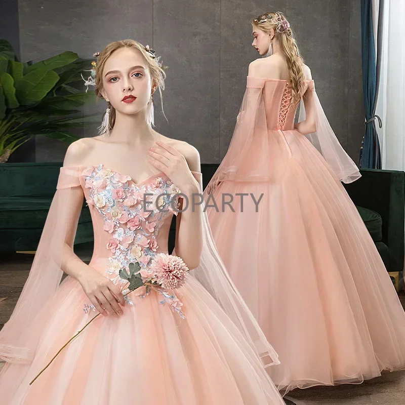 Photographic Studio Fashion 2023 Banquet Host Long Puffy Dress Applique Wedding Pink Mesh Women's Evening Dress Wedding Dresses