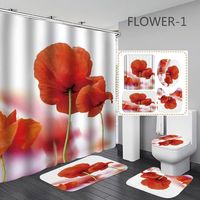 3D Print Flowers Bath Curtain Waterproof Fabric Romantic Red Rose Shower Curtain Love Heart for Valentine\'s Day Bathroom Decor