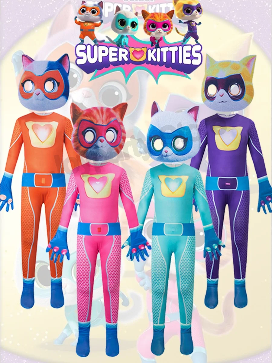 Disfraz de Super Kitties de dibujos animados de Anime, mono ajustado, mono de súper gato, disfraz para niños, disfraz de cumpleaños de SuperKitties de Anime