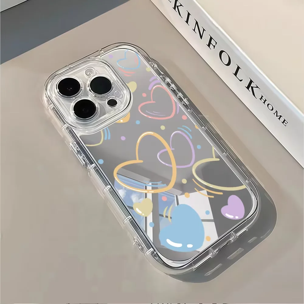 Pastel Hearts Silver Makeup Mirror Phone Case For iPhone 18 17 16 15 14 13 12 11 Pro Max XR XS 7 8 PLUS 17air Shockproof Cover - view 3
