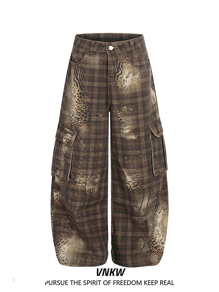 

Американские ретро-брюки в леопардовую клетку с множеством карманов, свободные, широкие, повседневные, для мужчин и женщин