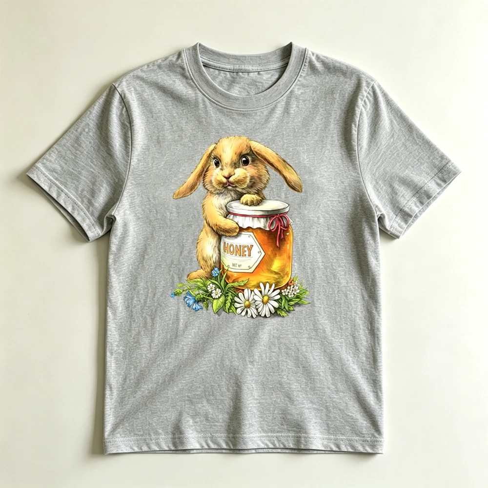 Cute Honey Bunny Rabbit With Honey Jar Graphic T Shirt Women Summer Sweet Animal Print Tee Cottagecore Aesthetic Top