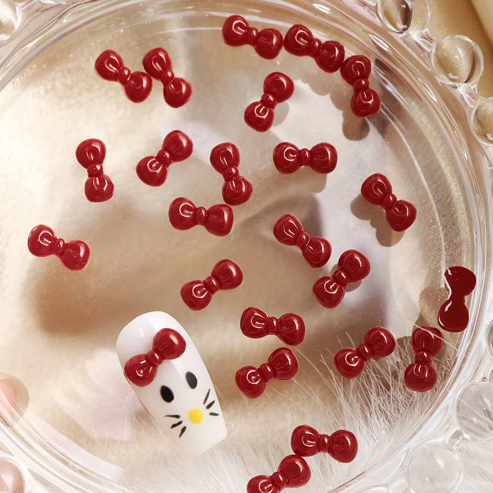 50pcs Kawaii Cat Bow Nail Art Charm 3D Claret Resin Red Bow Tie Coconut Tree Nail Decor Parts DIY Lovely Pink Nail Accessories