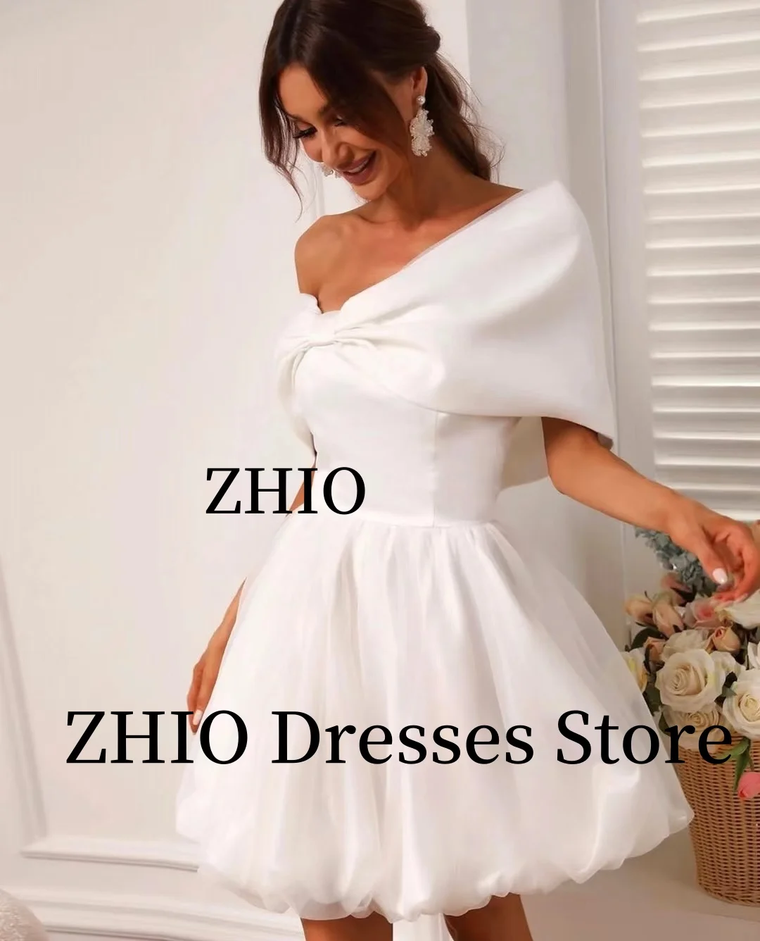 ZHIO Mini Bow Off the Shoulder Beach Wedding Dress Multi-layered Organza Party Gowns Evening Dresses Customized Robe de soirée