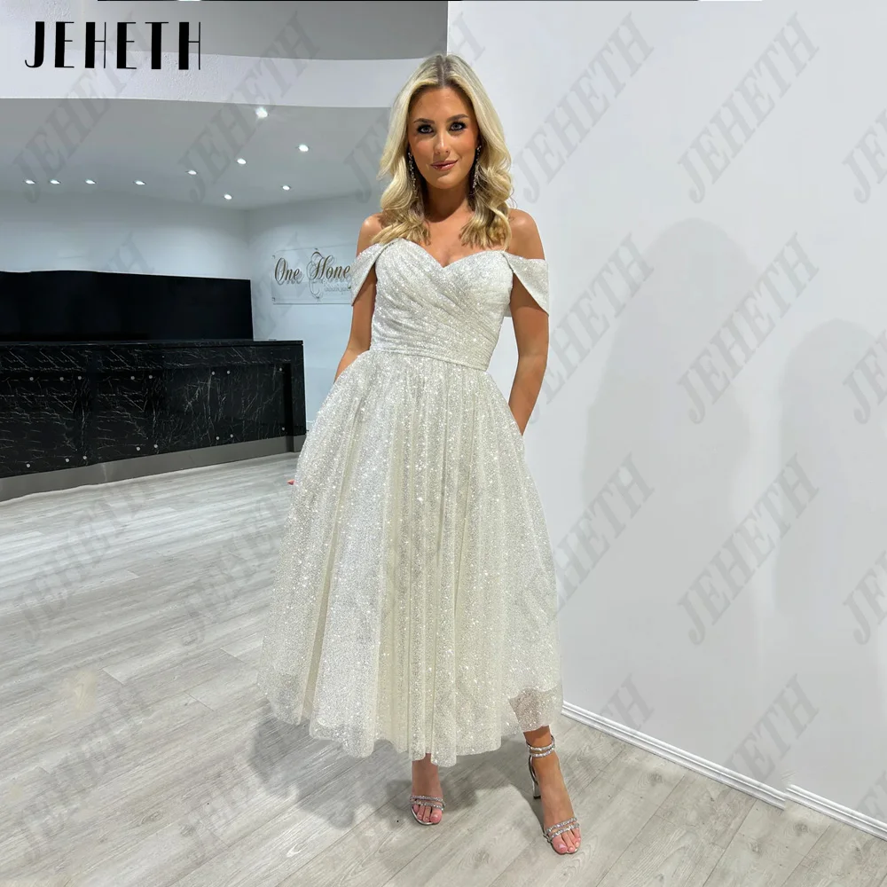 

JEHETH Modern Evening Dresses For Woman Off Shoulder Sweetheart Prom Party Dress Ankle Length Shiny Tulle vestidos de graduación