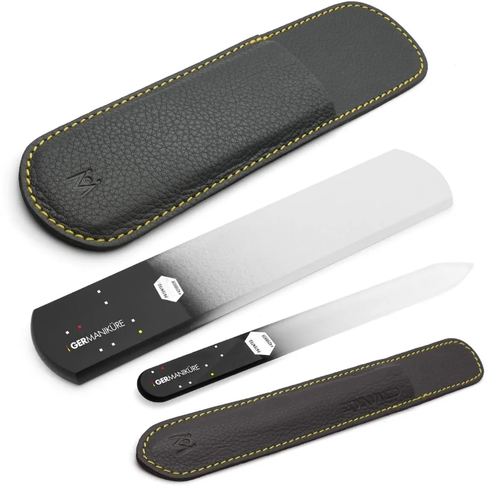 

GERMANIKURE Black Glass Nail File & Pedicure Bar Set in Leather Sleeves - Ethically Made in Czech Republic - Professional Manicu