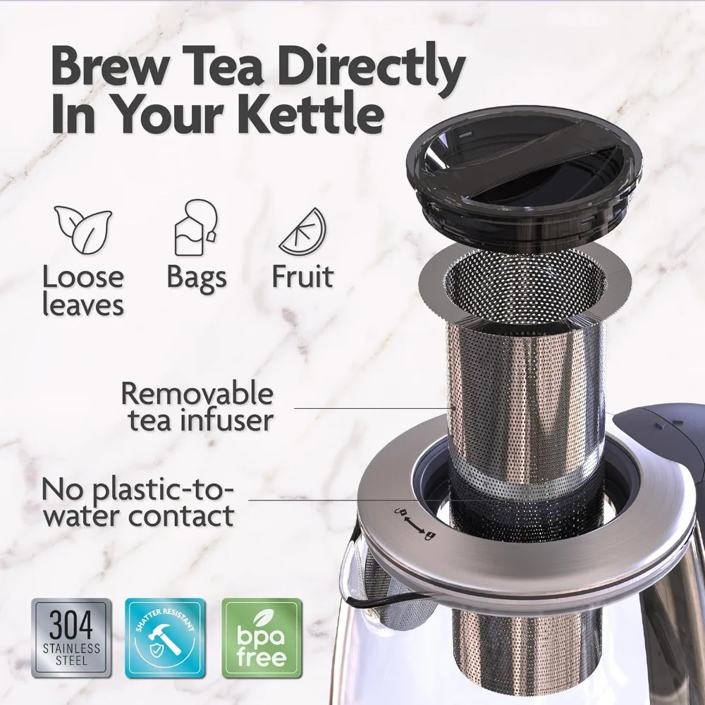 Electric Glass Tea Kettle with Removable Infuser. Hot tea infuser Pot for Loose Leaf & Bagged Tea. BPA-FREE. Stainless Steel