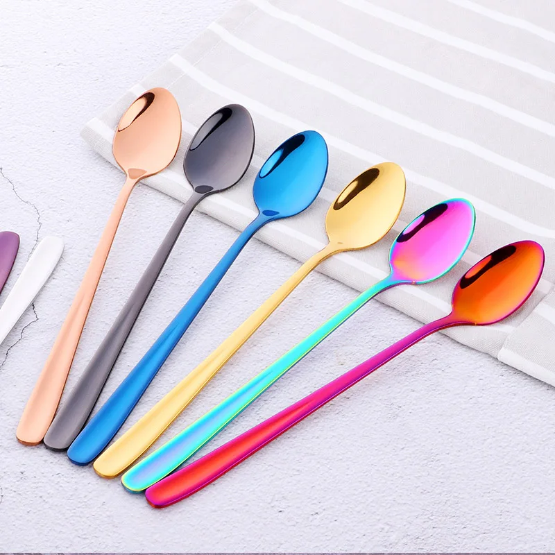 Buyer Star 8-Piece Stainless Steel Ice Cream Spoon Iridescent Rainbow Long Handle Dessert Tea Coffee Gold Colorful Scoops