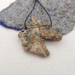 Natural Stone Frog’Eye Carved Horse Head Pendant Bead,Semiprecious Fashion Jewelry, Necklace Accessories,48x47x9mm,21g